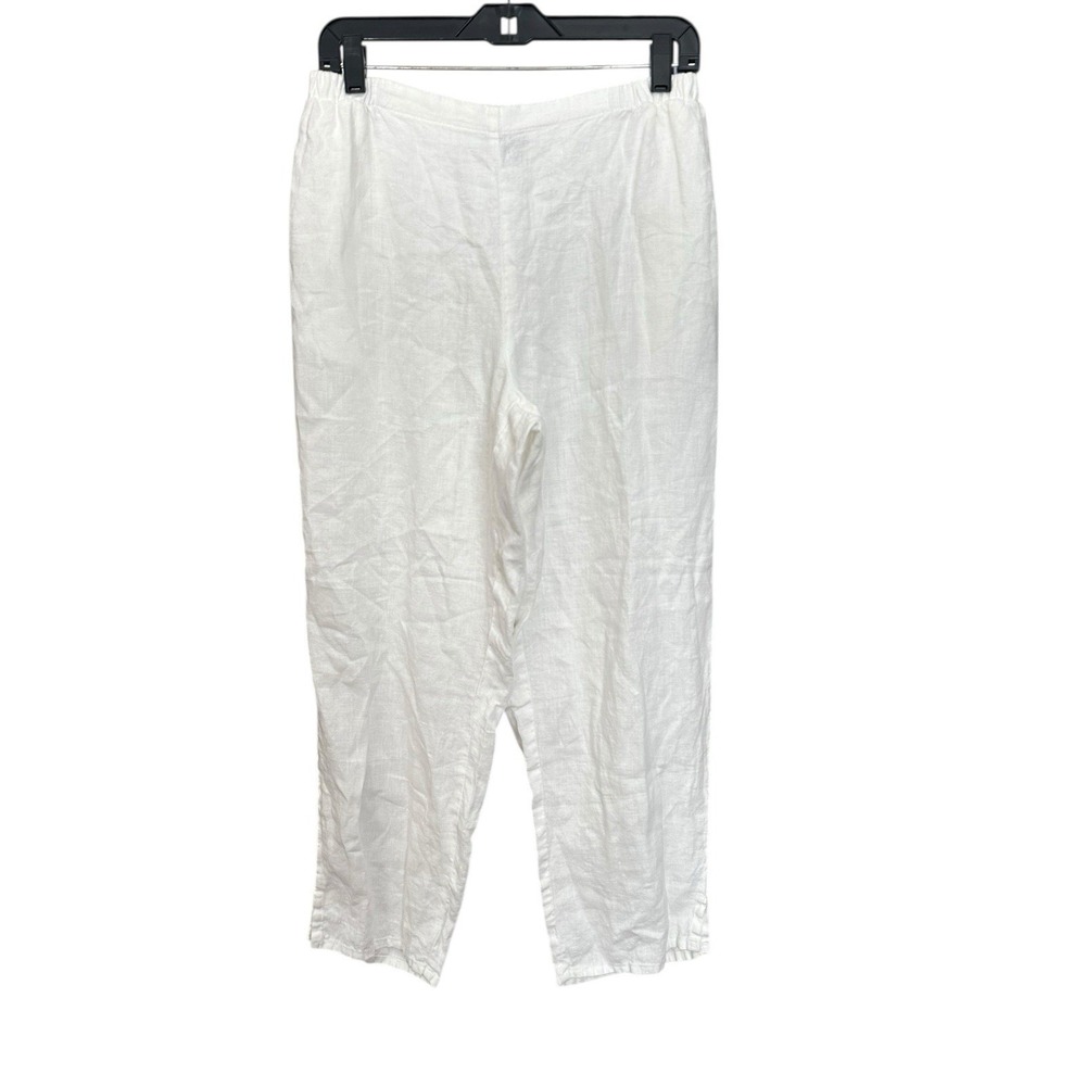 FLAX Pants Women's Medium 100% Linen Pant Wide Leg Pockets Elastic‎ White #J10-7